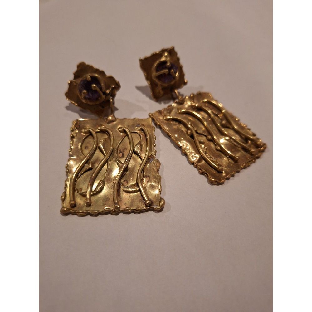 Brutalist Designer Handmade Clip On Earrings Brass and Raw Amethyst Ernandes